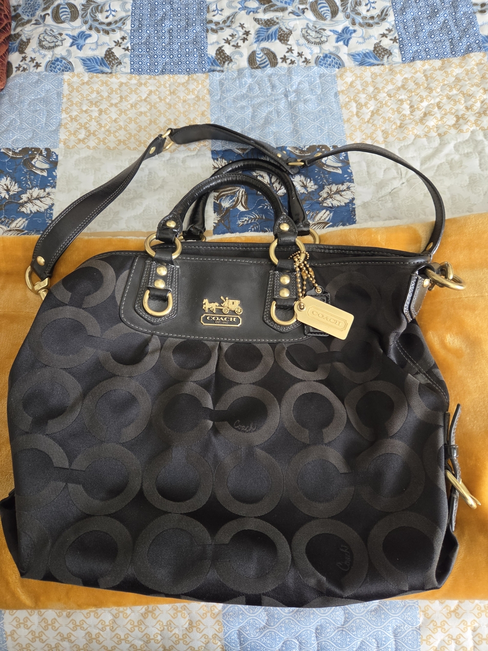 COACH Black Signature Circle Tote Bag with Gold Hardware
